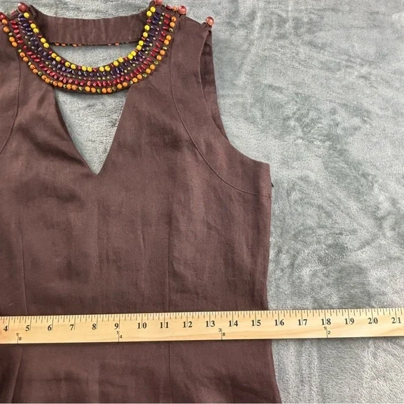 VTG Max Mara Sportmax Linen Dress Women M Beaded Neck Italy Resort Luxury Brown - Picture 9 of 14